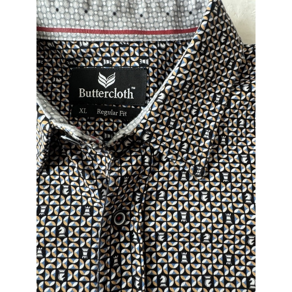 Buttercloth Men XL Button-Up Black Gold Shirt Geometric Chess Print Long Sleeve - Picture 4 of 12